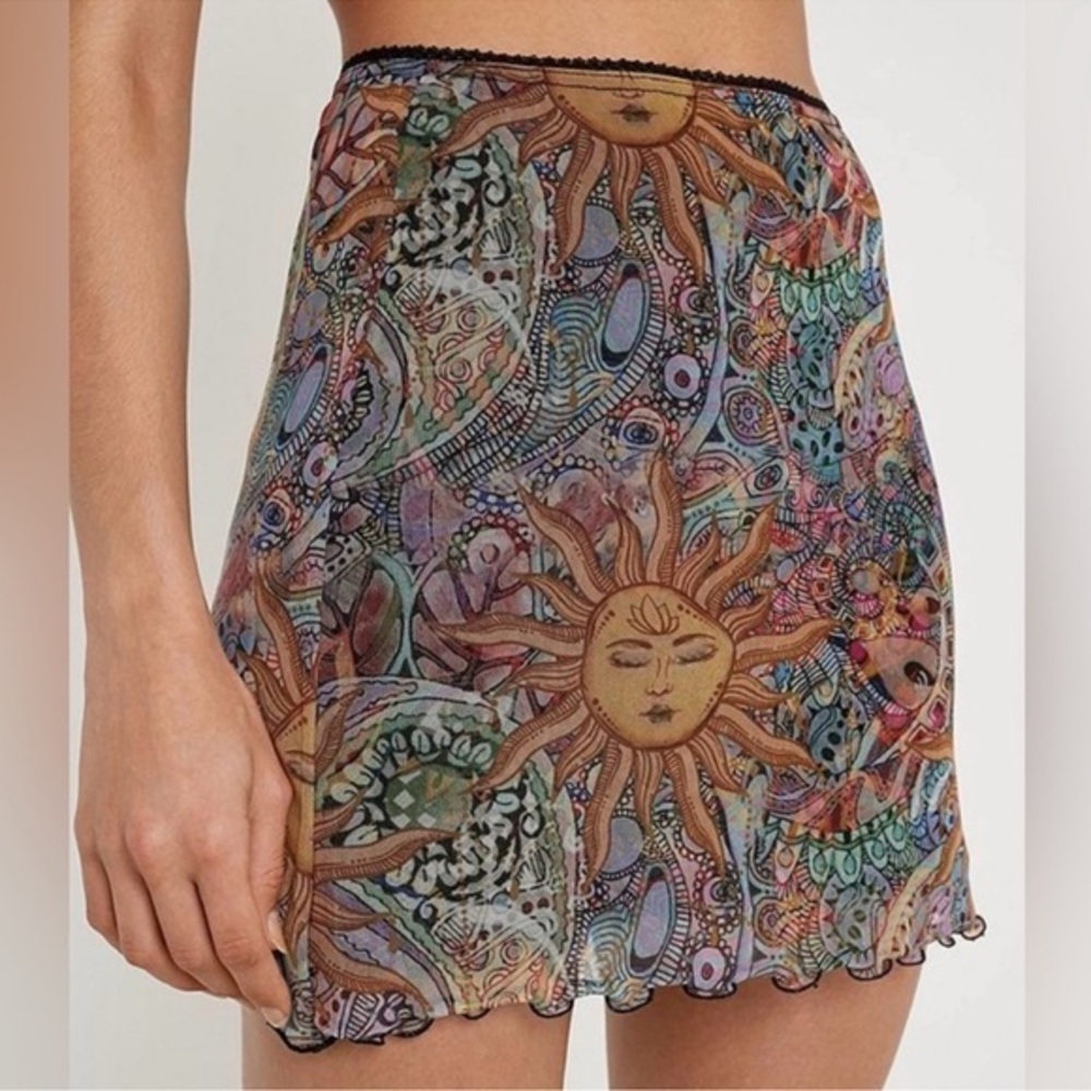 90s Y2K Celestial Sun Print Sheer Mesh Overlay Mini Skirt Grunge Rave Boho small